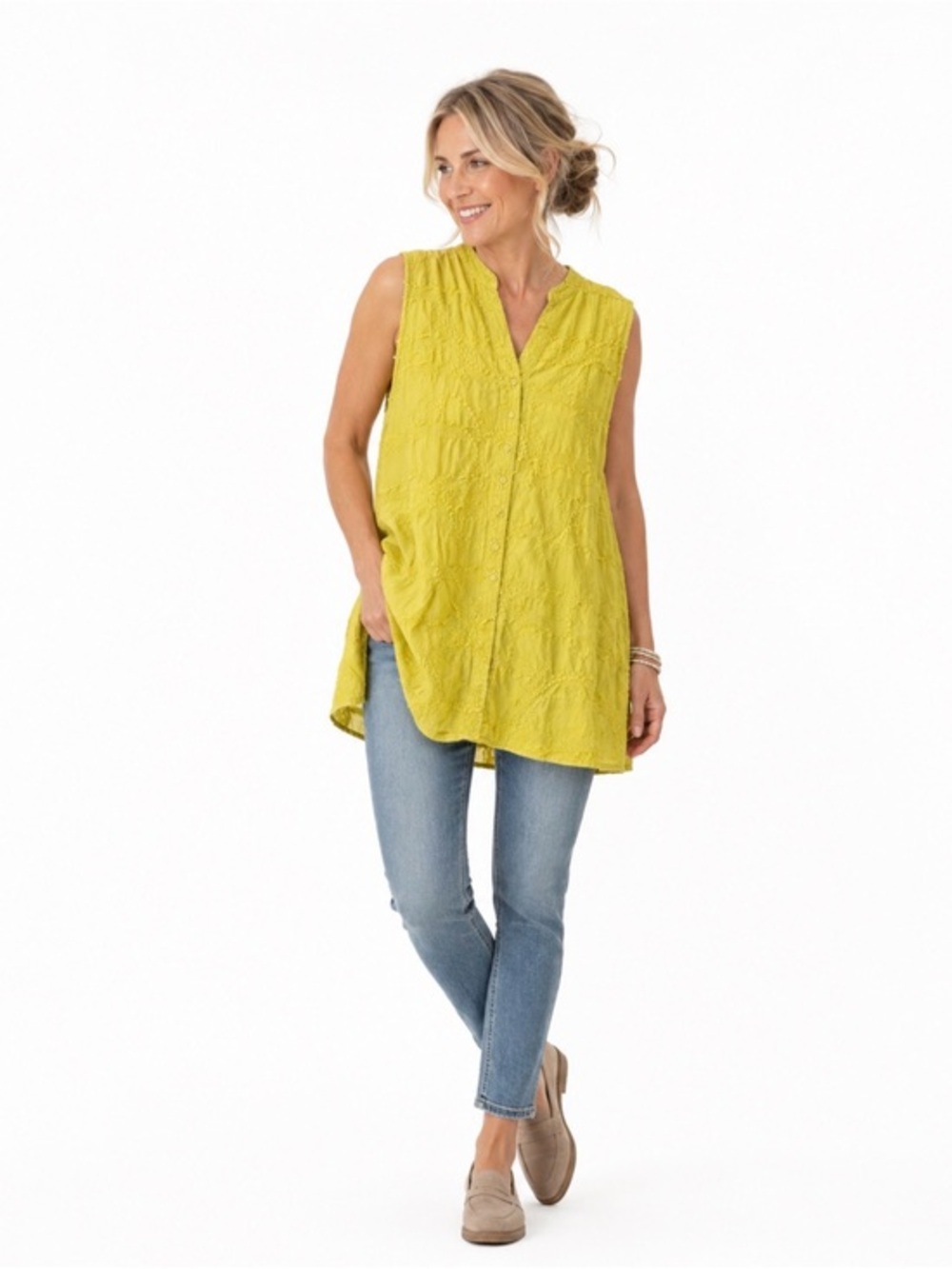 Tianello Yellow Textured Cotton Tunic Dress  L Lagenlook Artsy Boho Cottagecore